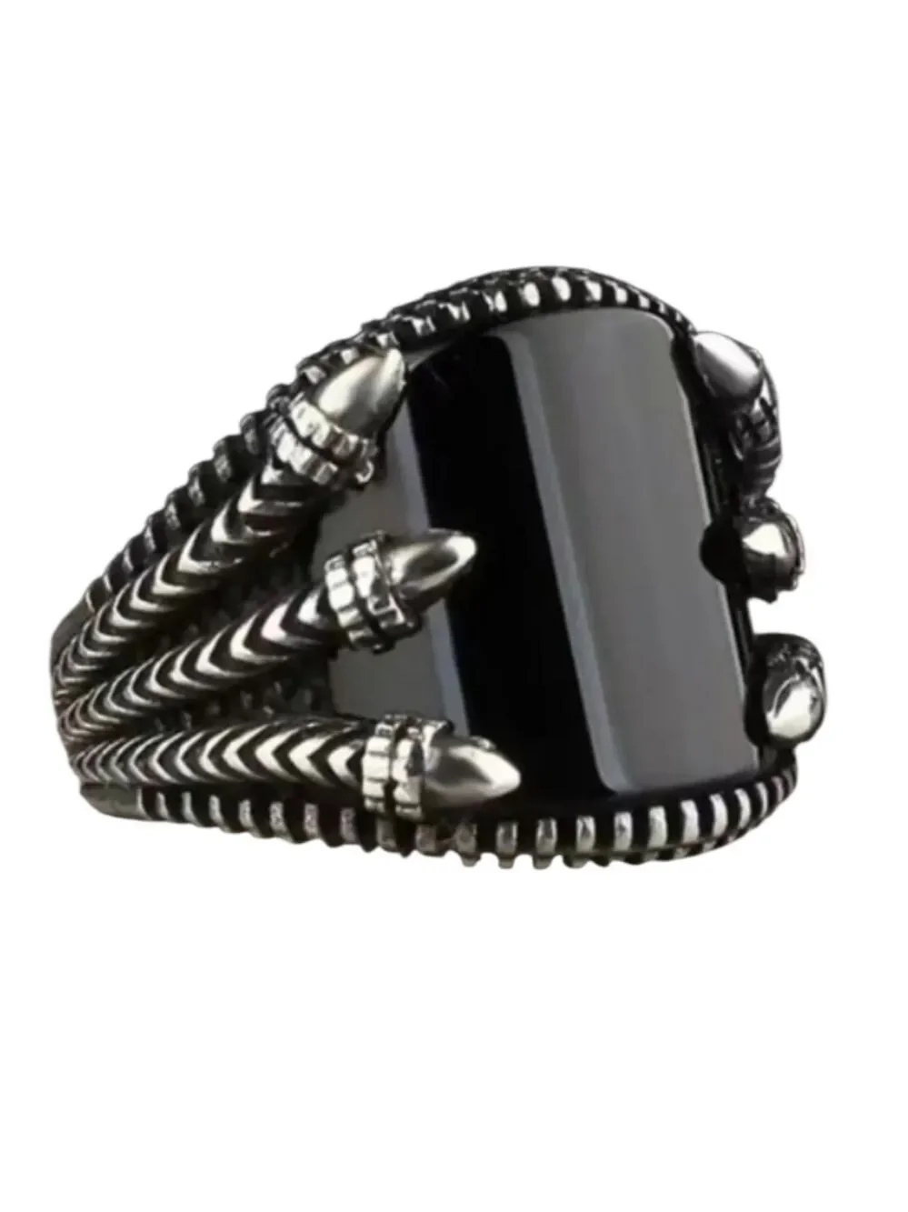Black Gemstone Silvertone Eagle Claw Men's Ring